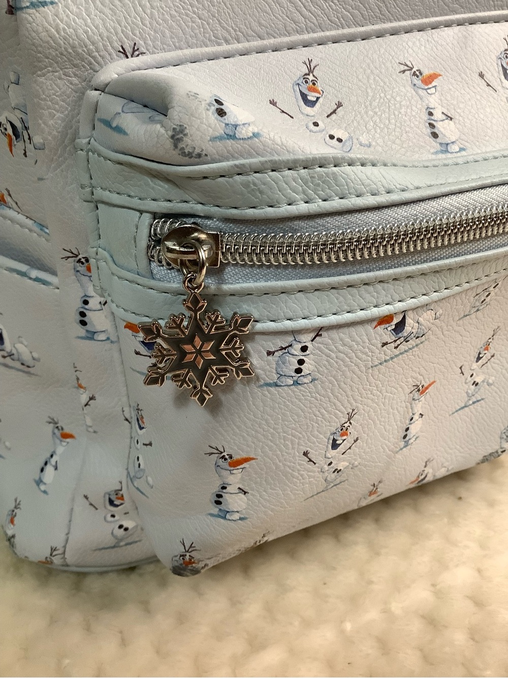 Disney Loungefly Light Blue Frozen Olaf Mini Backpack with Snowflake Charm - Picture 3 of 14